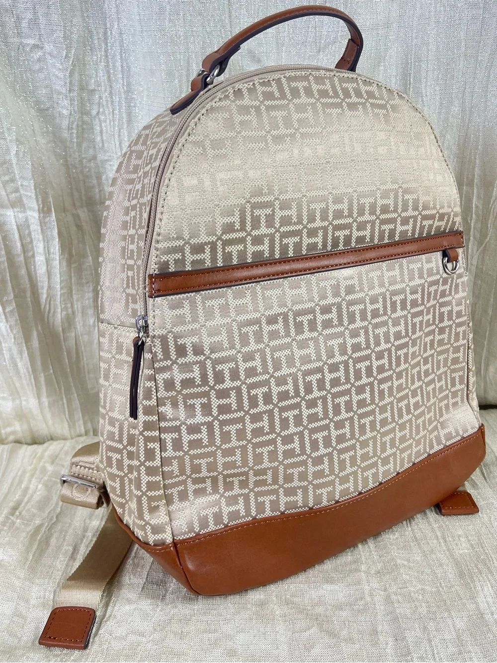 Tommy Hilfiger TH Monogram Backpack Beige Brown Logo Travel Laptop Book Bag